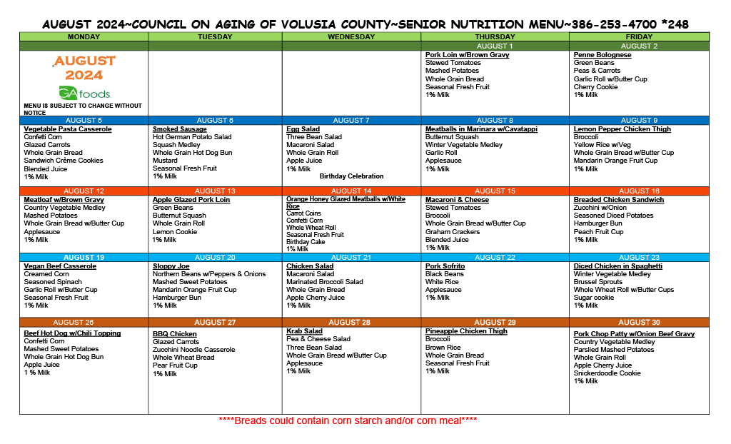 COA Port Orange Neighborhood Dining Site Menu